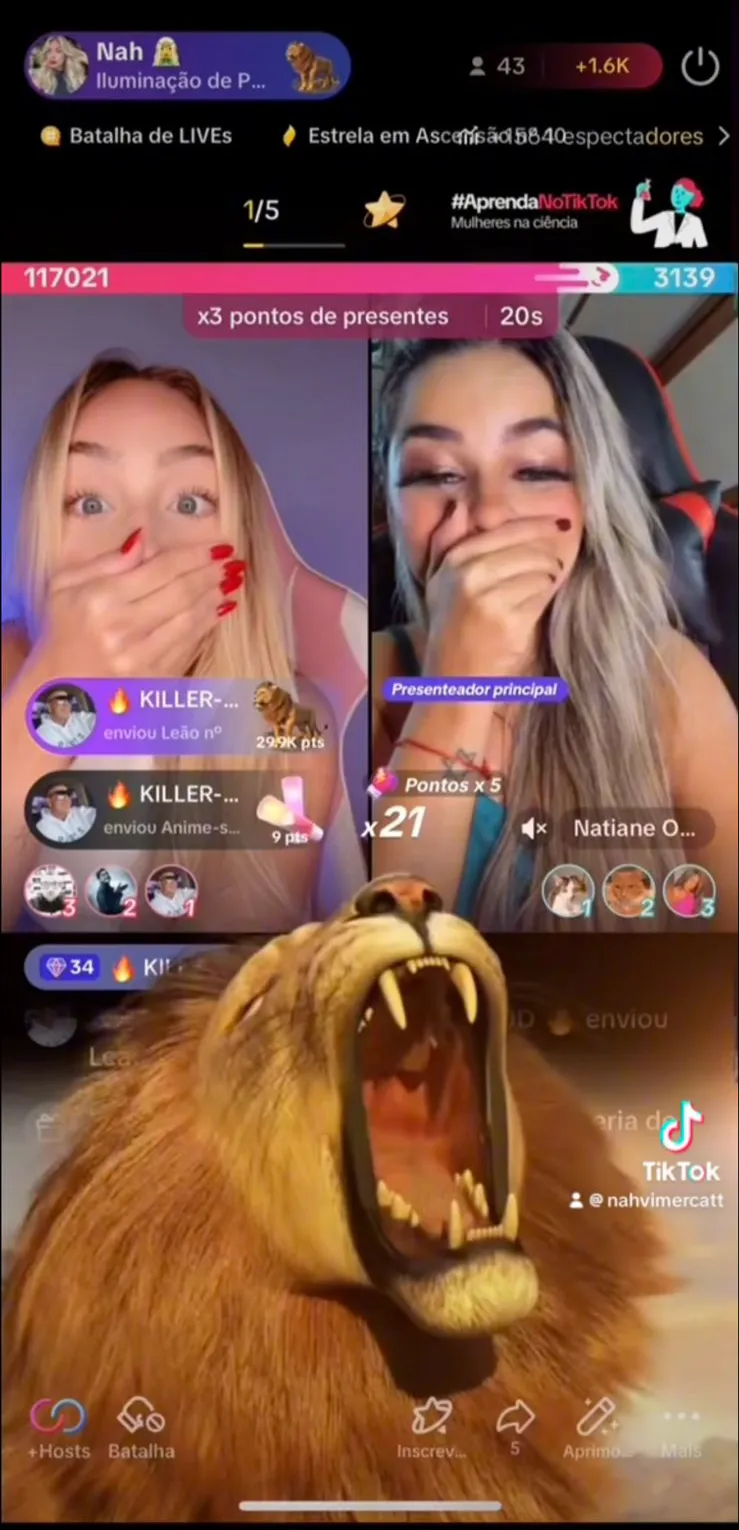 nadia batalha tiktok lives recebendo presente lion