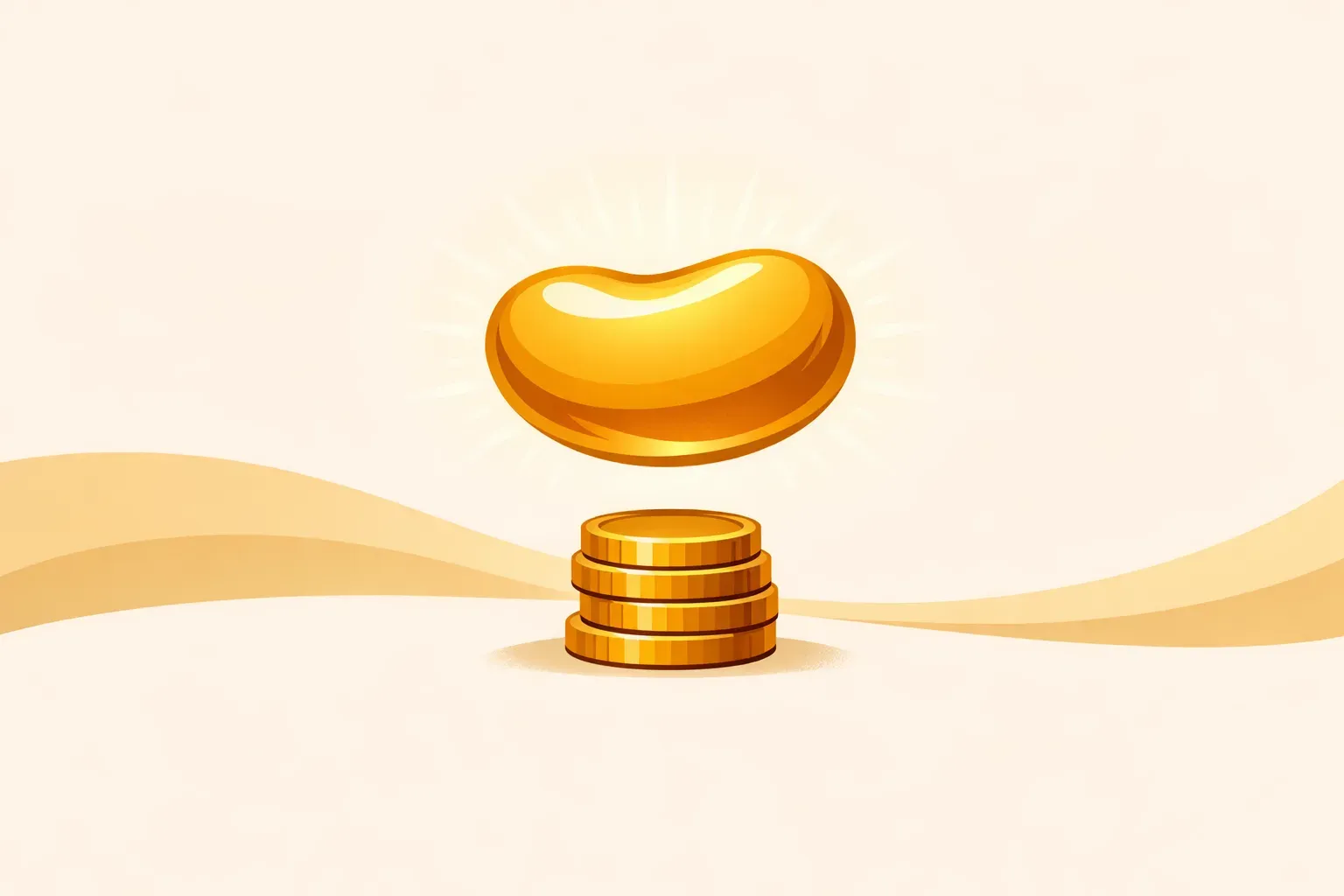 Ilustração de um grão dourado flutuando sobre uma pequena pilha de moedas