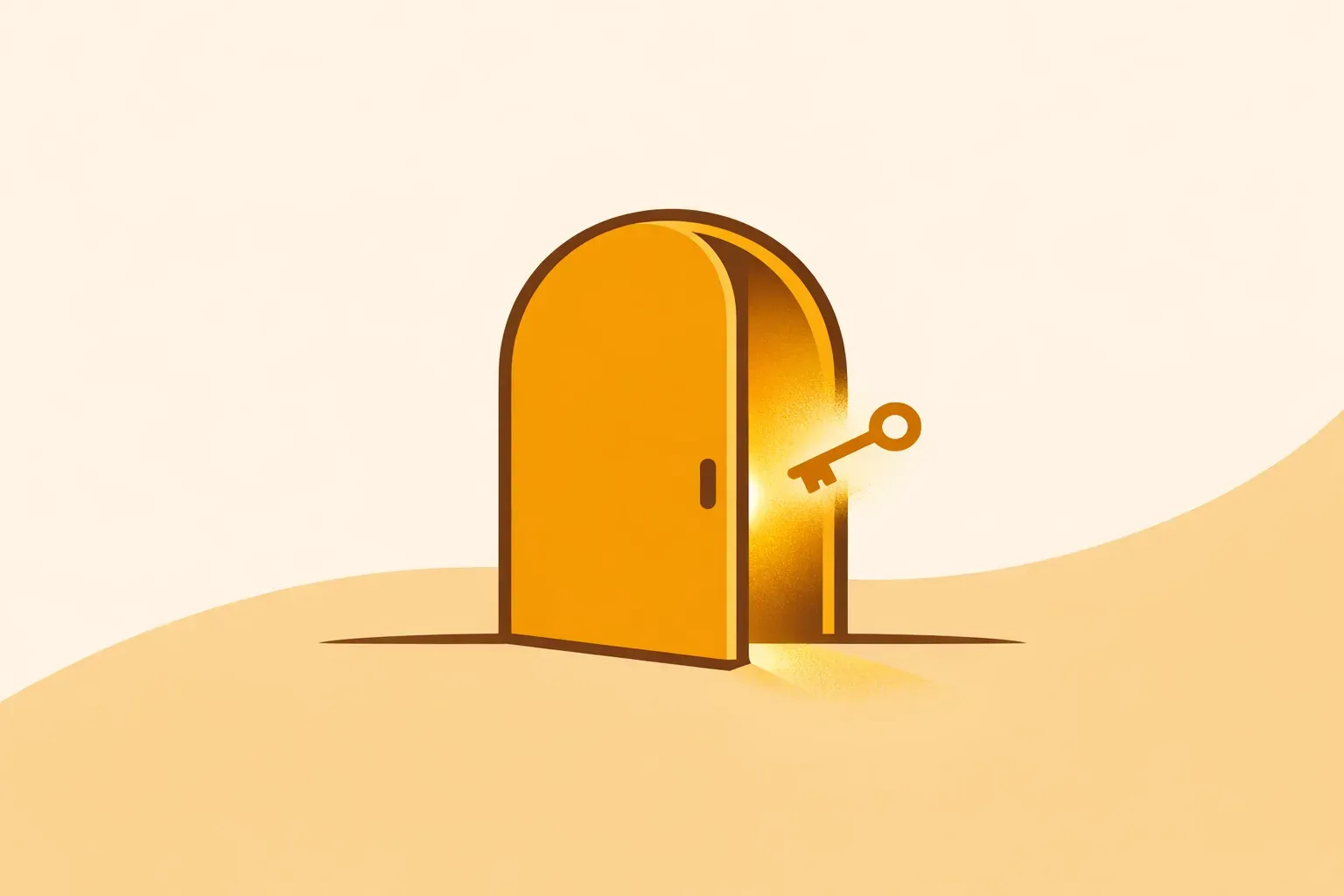 Ilustração de uma porta arqueada dourada entreaberta com luz saindo pela fresta e uma chave flutuando ao lado