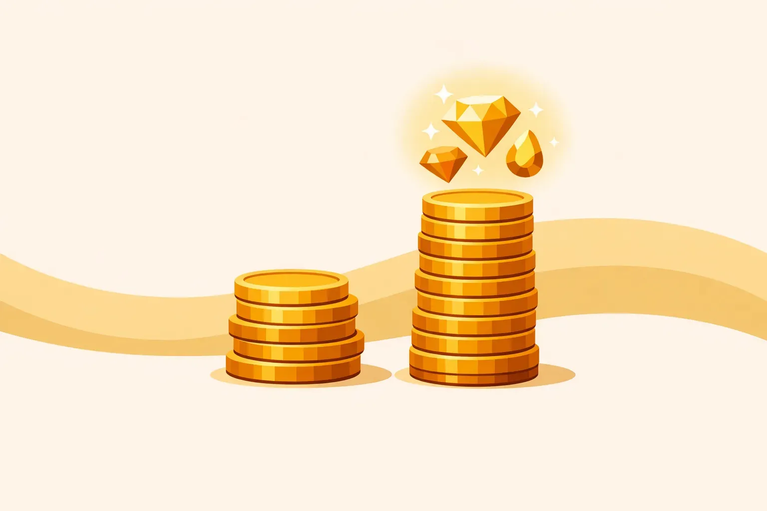 Ilustração de duas pilhas de moedas douradas lado a lado, a da direita bem mais alta, com gemas brilhando acima dela