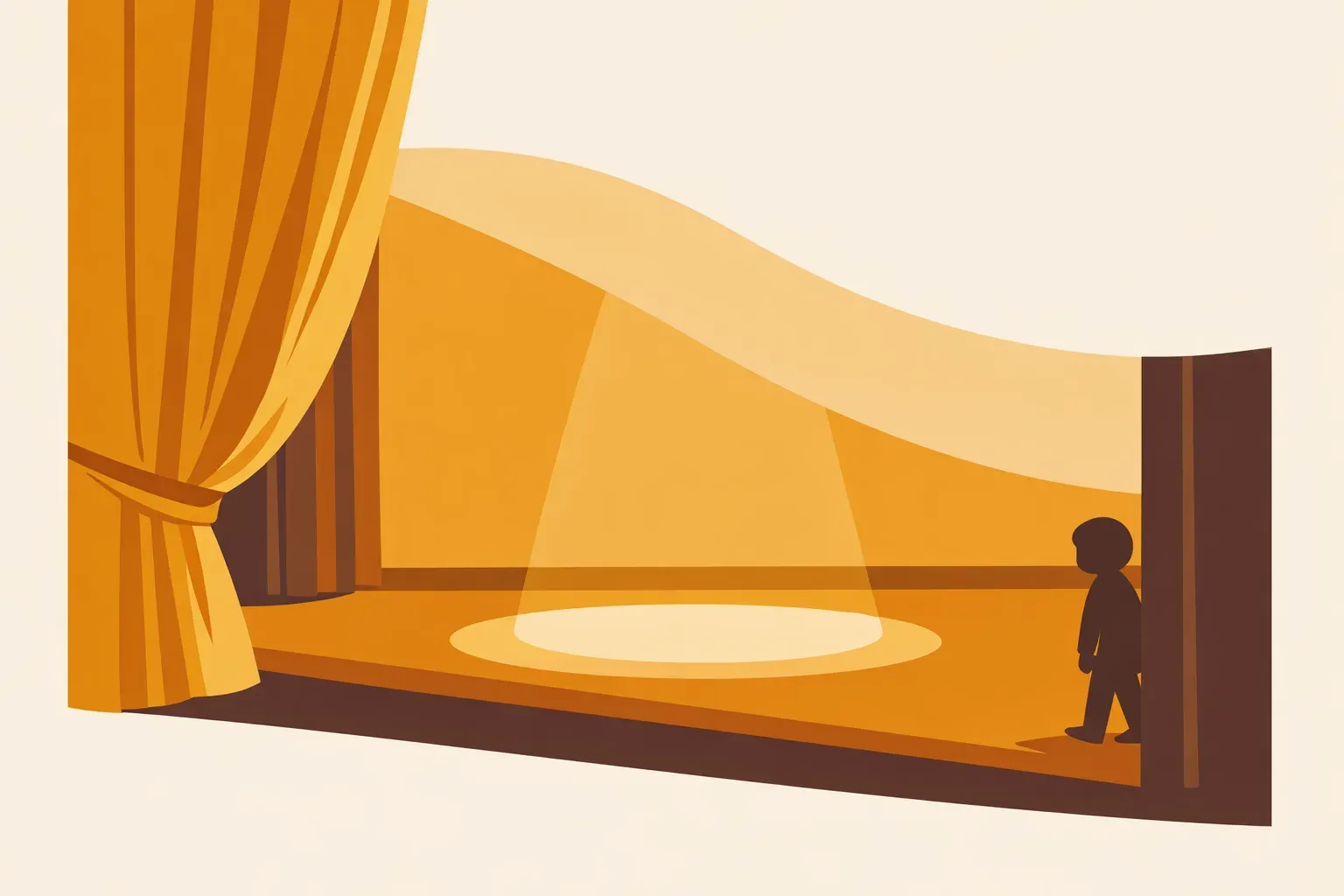 Ilustração de um palco visto da coxia, com uma cortina dourada aberta e um foco de luz no chão