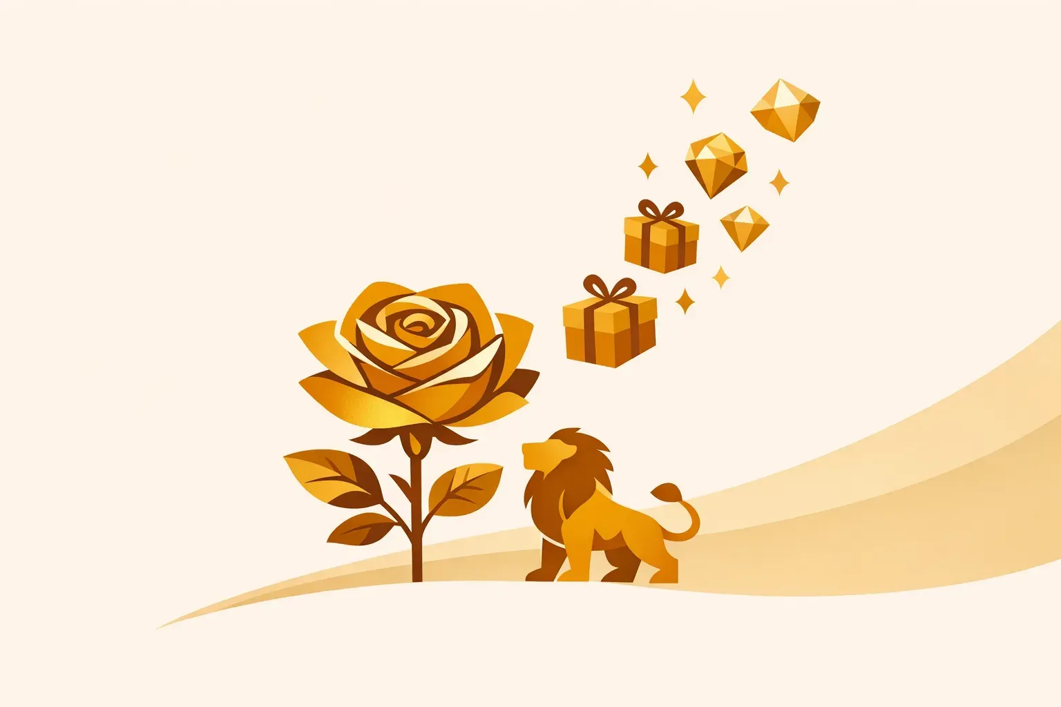 Ilustração de uma rosa dourada e um leão, com caixas de presente subindo e virando pedras preciosas
