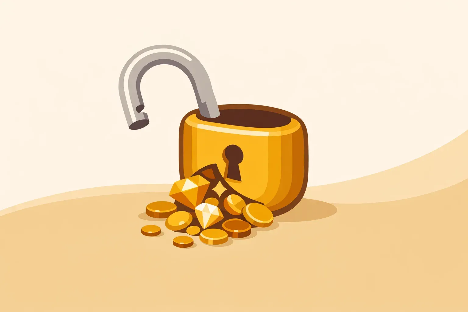 Ilustração de um cadeado dourado aberto com moedas e pedras preciosas saindo de dentro