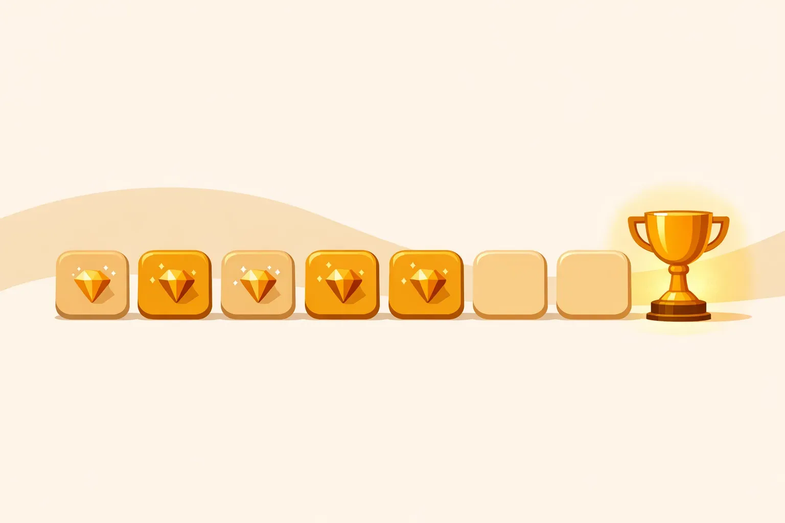 Ilustração de uma fileira de sete blocos dourados, cinco deles com uma pedra preciosa, e um troféu no fim