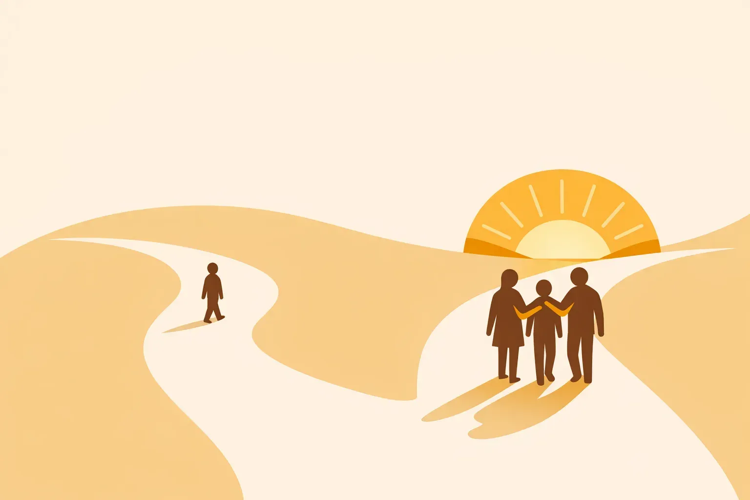 Ilustração de um caminho que se divide: de um lado uma pessoa sozinha, do outro a mesma pessoa acompanhada de duas outras