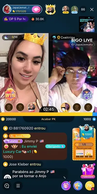 Streamers Japa e Cris em uma batalha de PK na Bigo Live