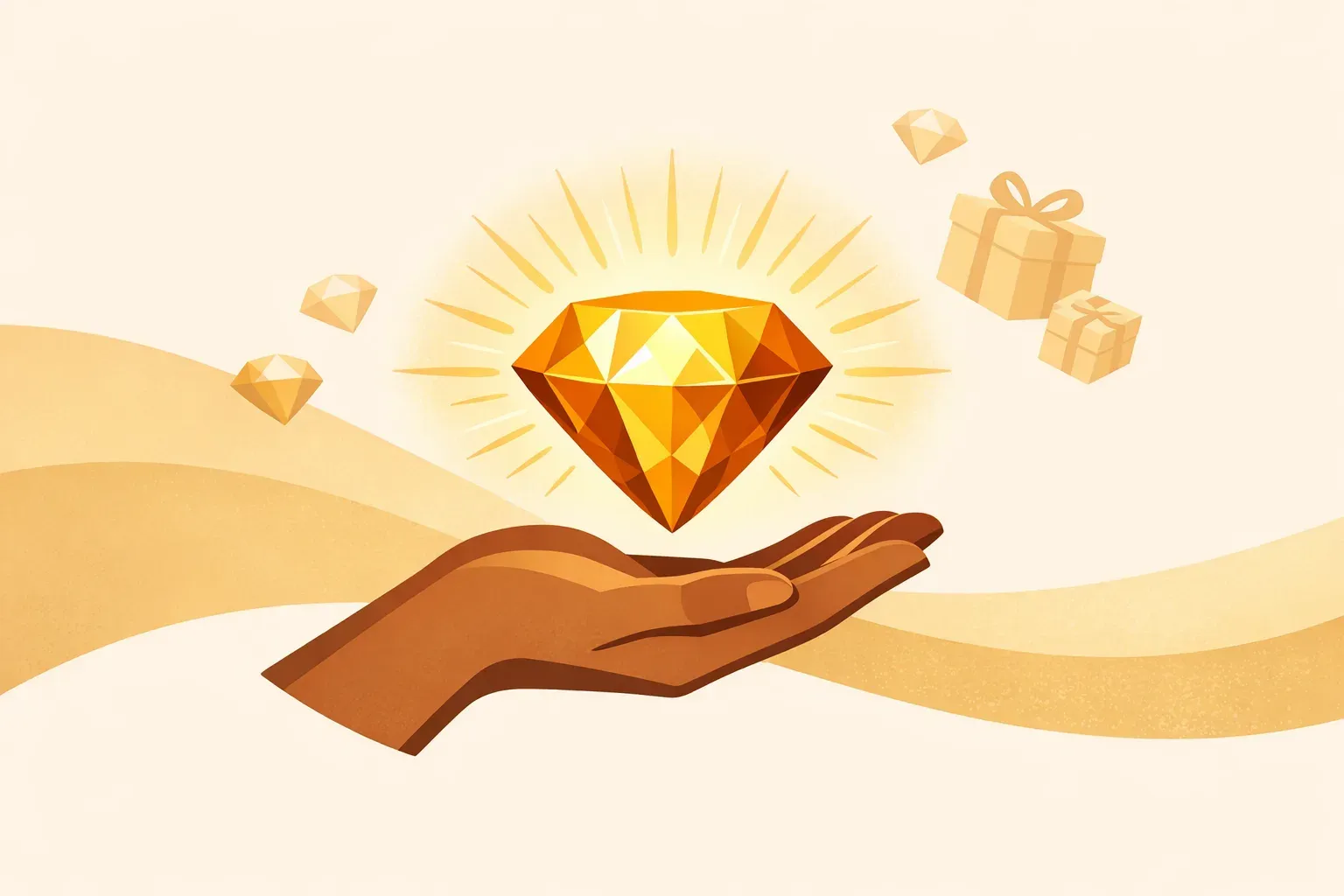Ilustração de um diamante dourado brilhando sobre uma mão aberta, com presentes ao fundo, representando os diamantes recebidos nas lives do TikTok