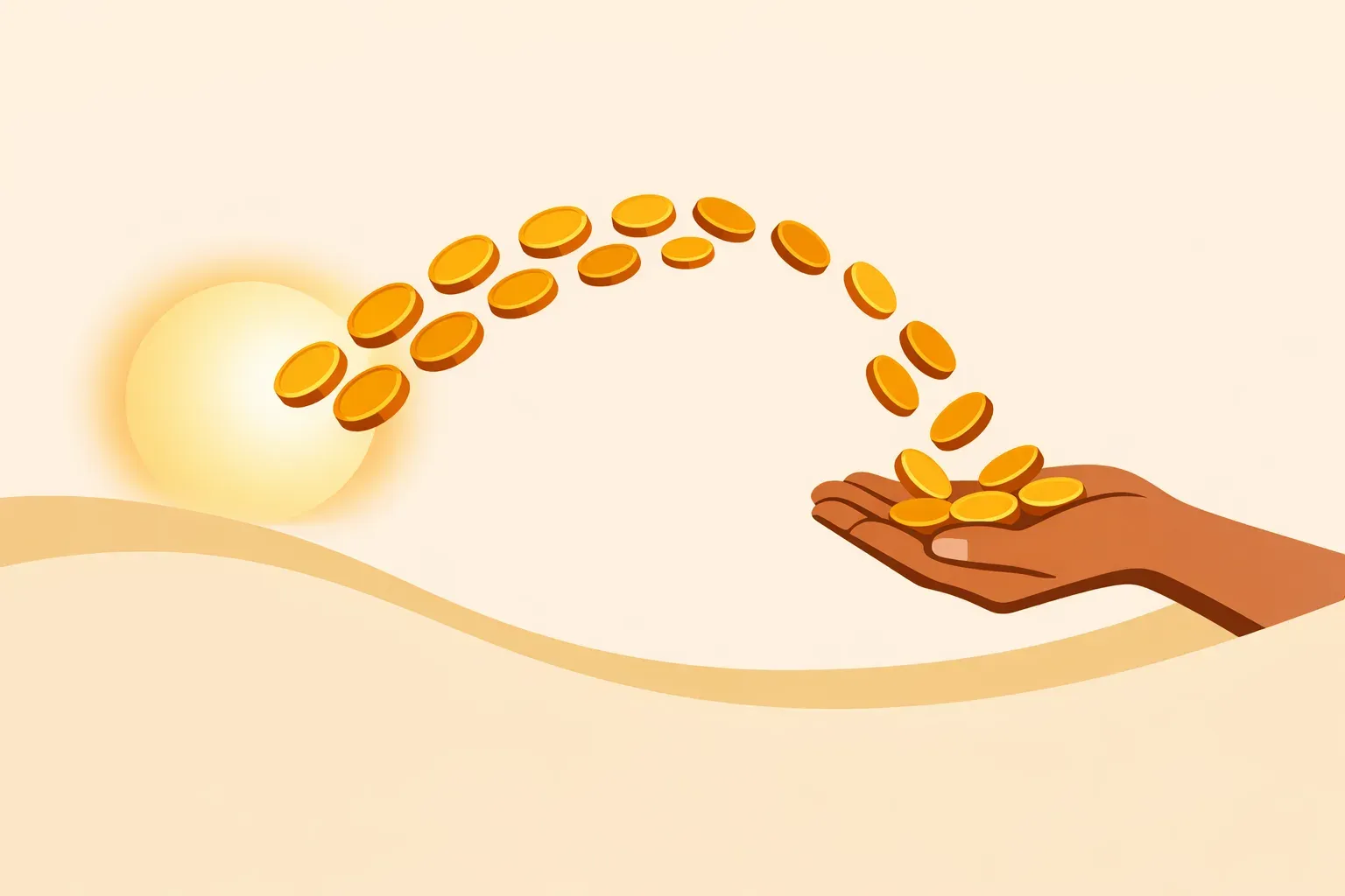 Ilustração de moedas douradas caindo em arco dentro de uma mão aberta, representando o pagamento em dólar recebido pelas lives