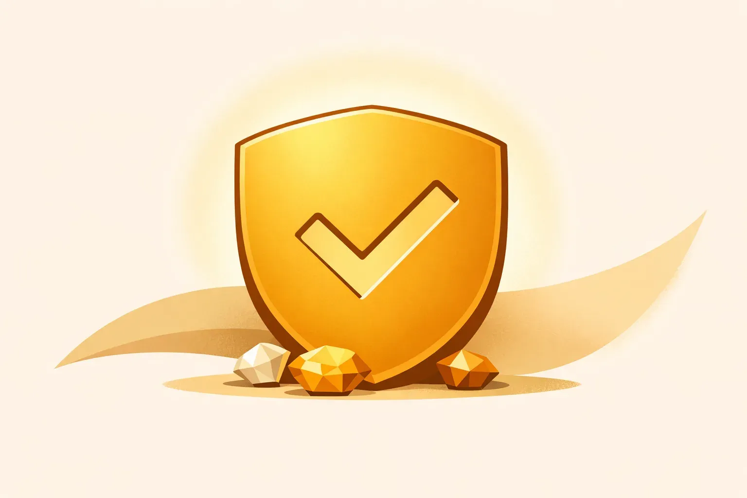 Ilustração de um escudo dourado com um sinal de confirmação, apoiado sobre pequenas gemas, representando a segurança da plataforma Bigo Live