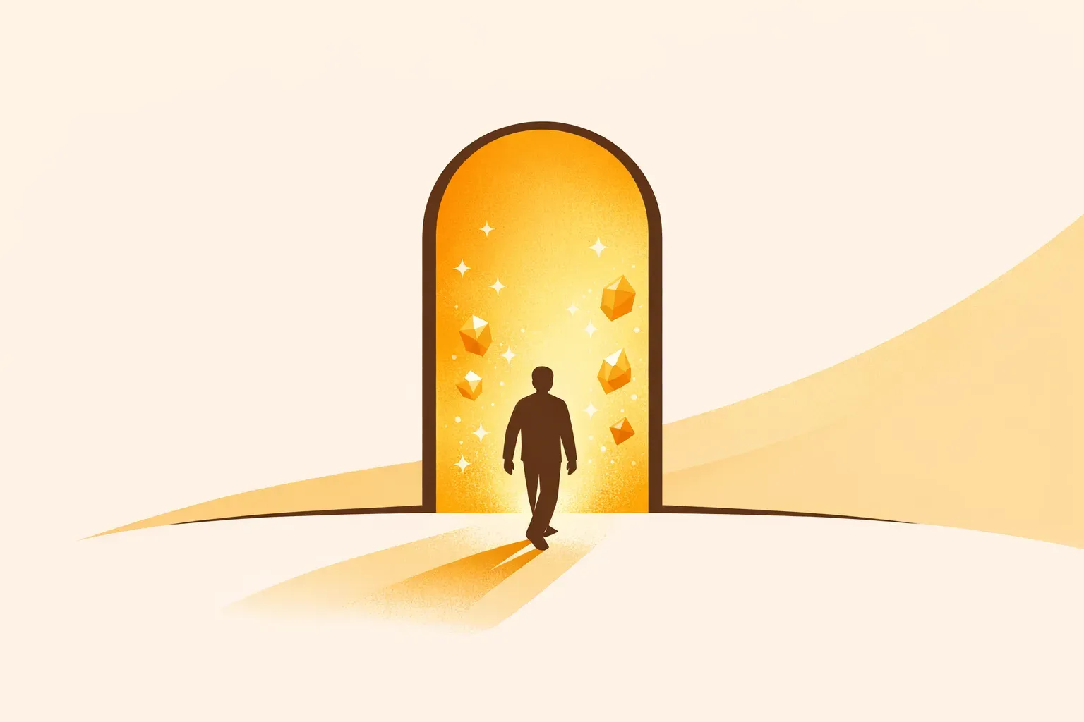 Ilustração de uma pessoa caminhando em direção a um portal dourado iluminado, com pequenas gemas ao redor, representando a entrada em uma agência
