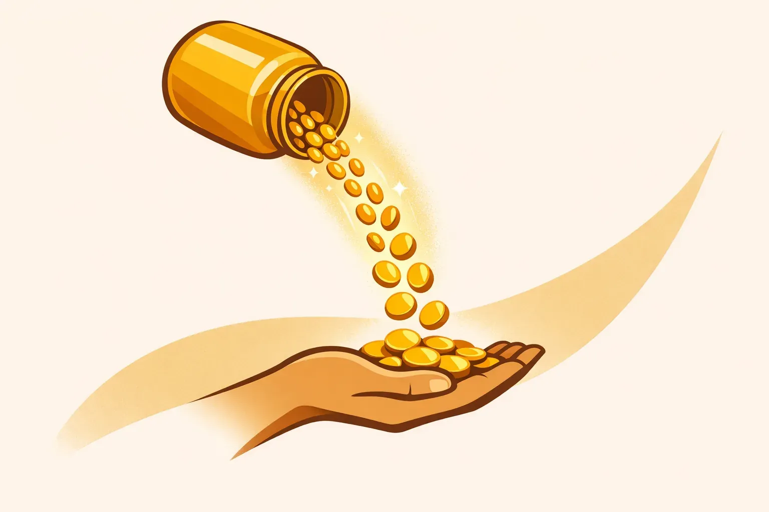 Ilustração de um pote dourado despejando beans que viram moedas caindo em uma mão aberta, representando o saque dos beans em dólar