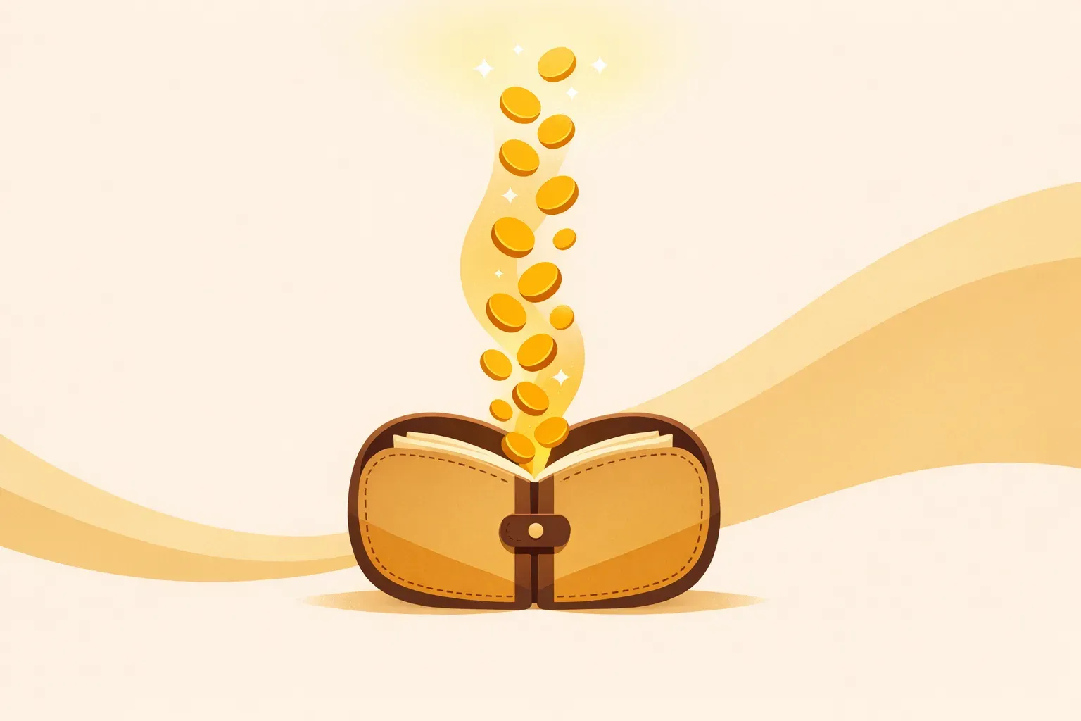 Ilustração de uma carteira aberta com moedas douradas subindo em direção a uma luz quente