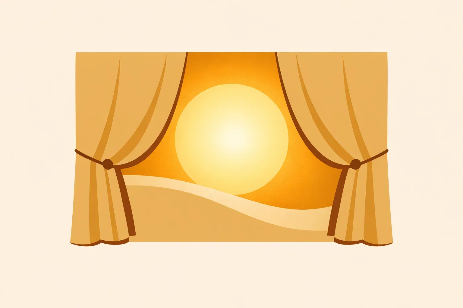 Ilustração de duas cortinas se abrindo para revelar um círculo de luz dourada