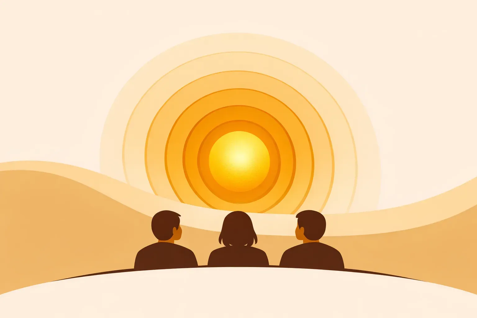 Ilustração de uma esfera dourada emitindo ondas concêntricas, com três silhuetas assistindo