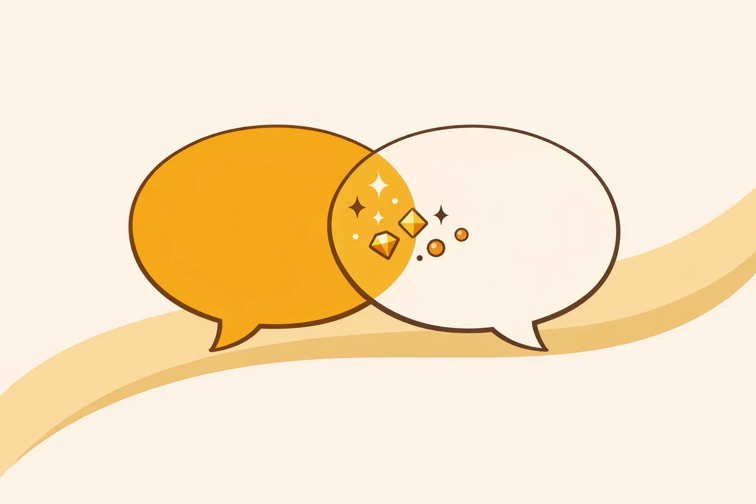 Ilustração de dois balões de fala sobrepostos, um dourado e um creme, com pequenos brilhos