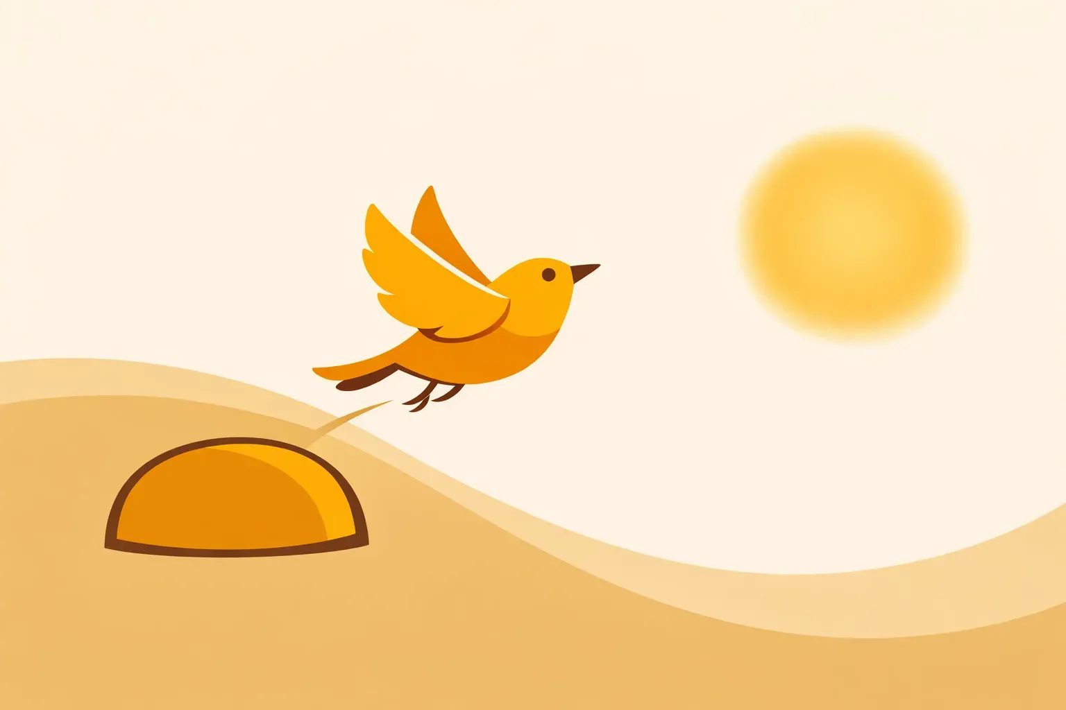 Ilustração de um pássaro dourado levantando voo de um poleiro em direção à luz