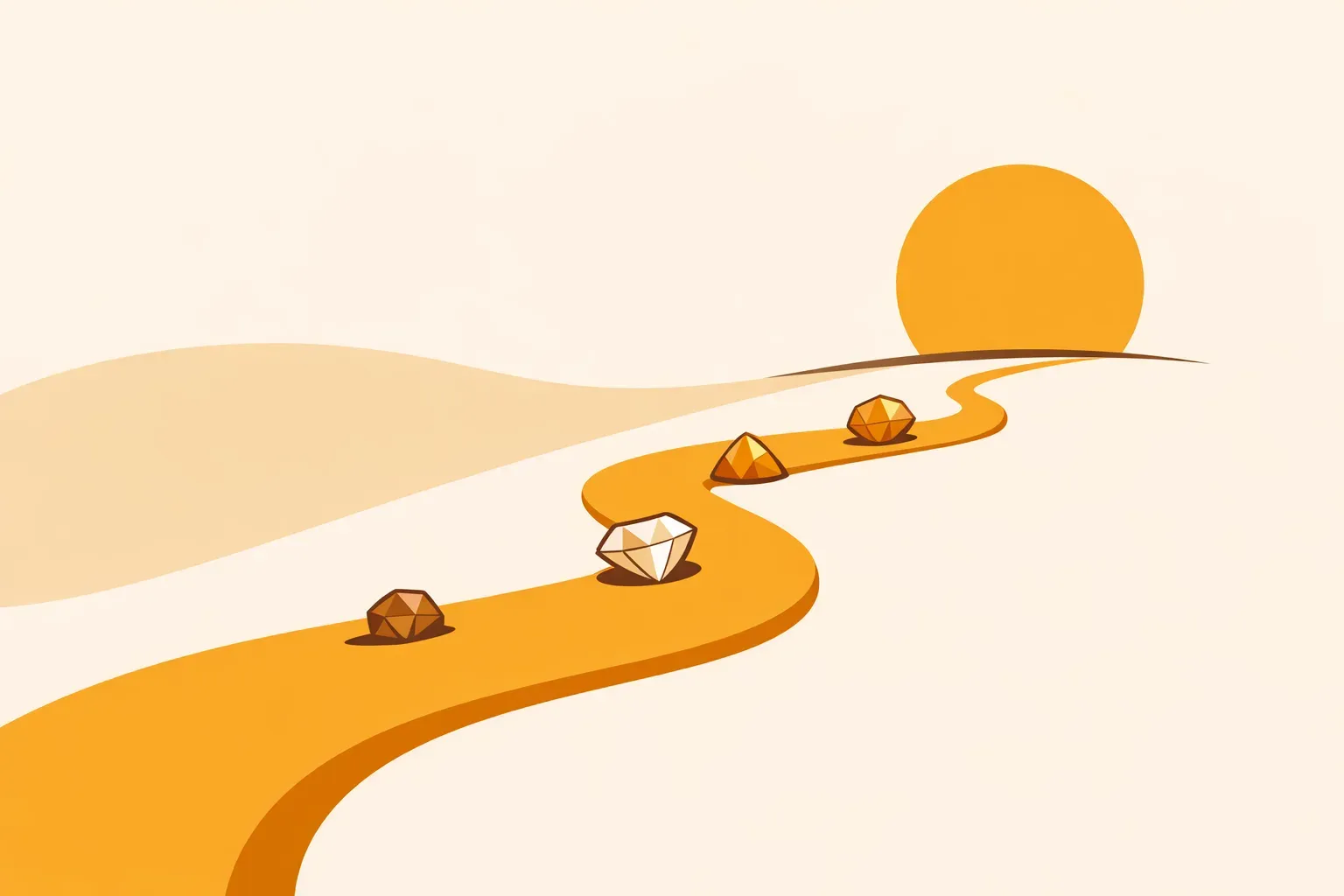 Ilustração de um caminho dourado sinuoso subindo em direção a um sol baixo no horizonte