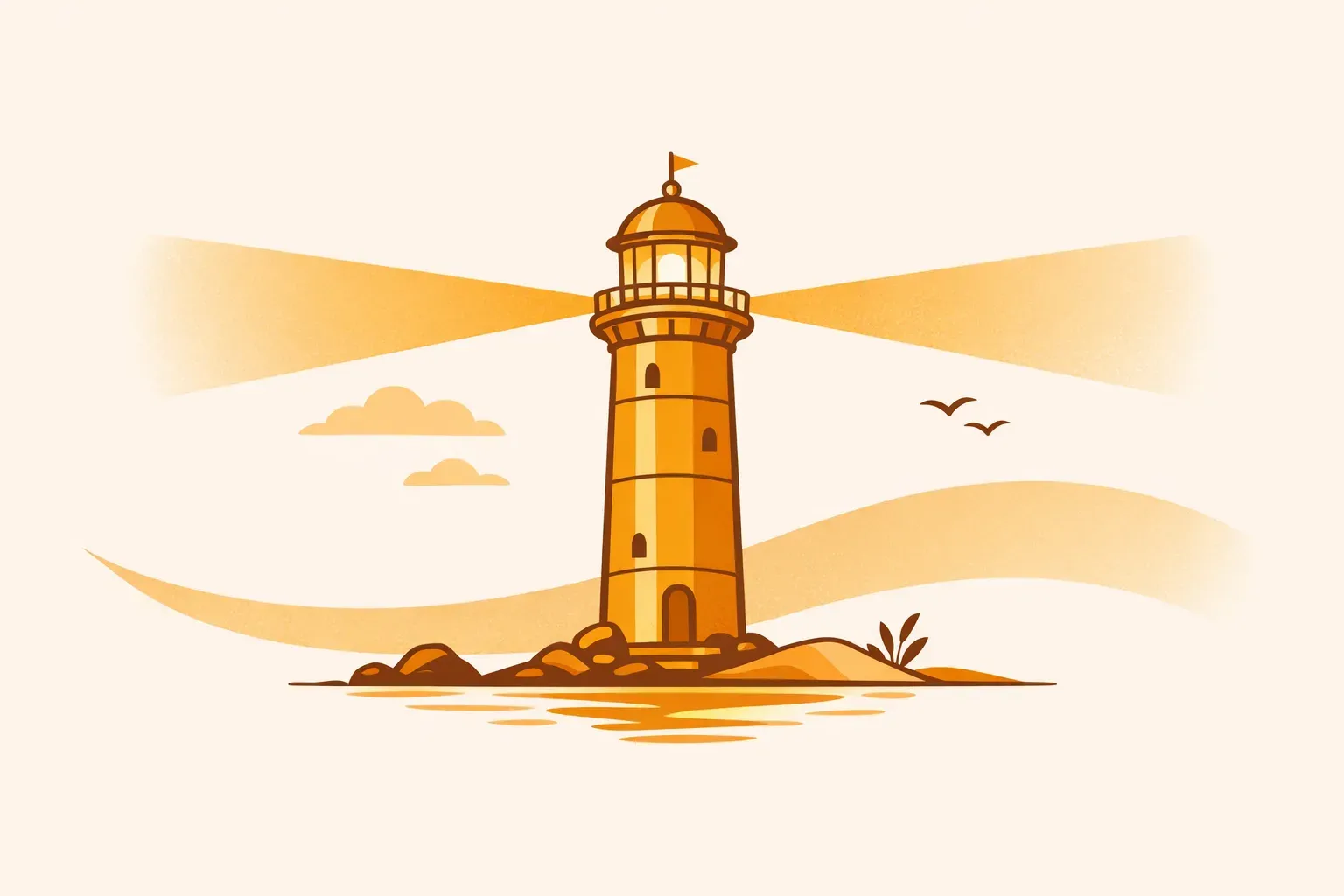 Ilustração de um farol dourado projetando um facho de luz sobre o mar