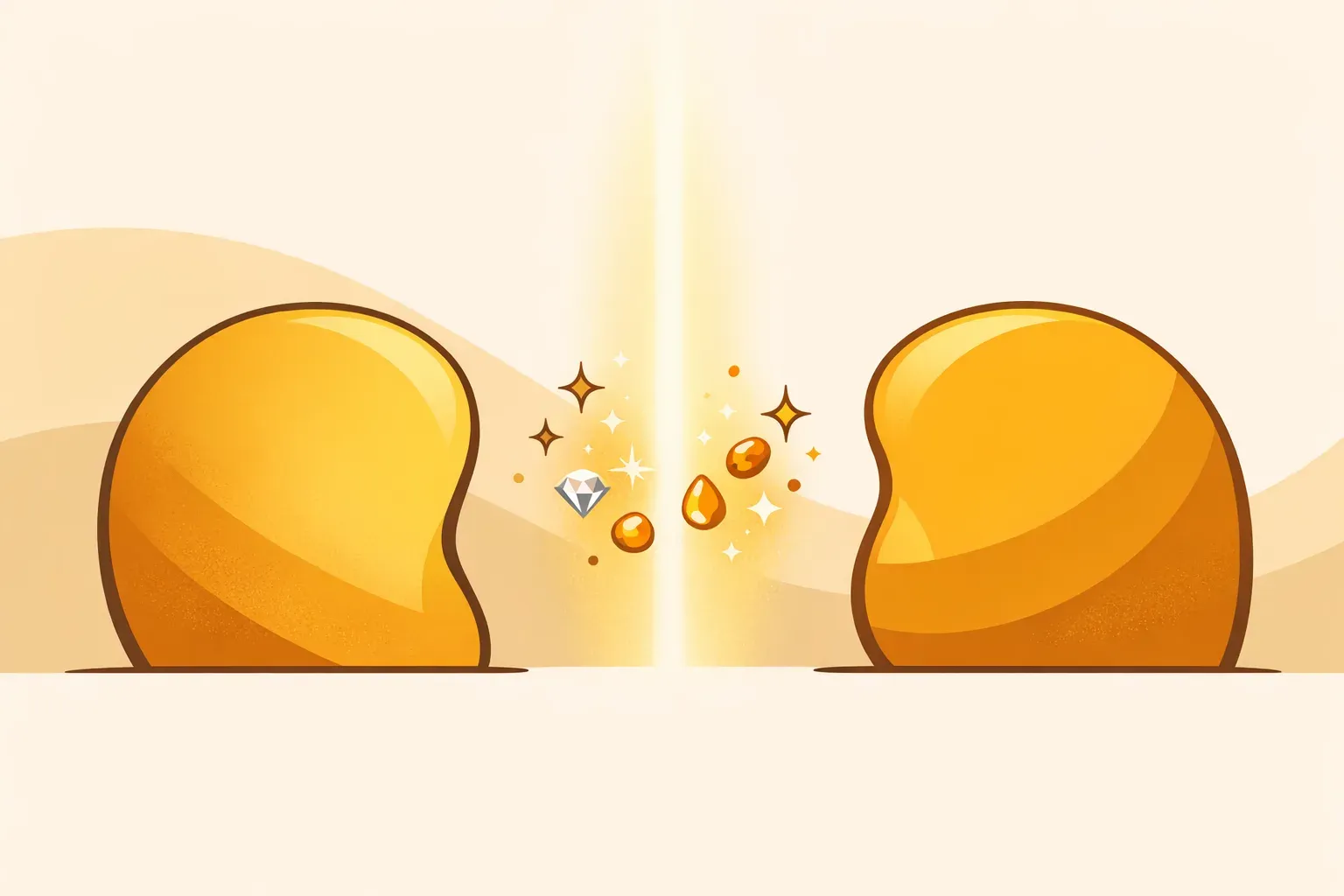 Ilustração de duas formas douradas frente a frente, separadas por uma linha de luz com faíscas