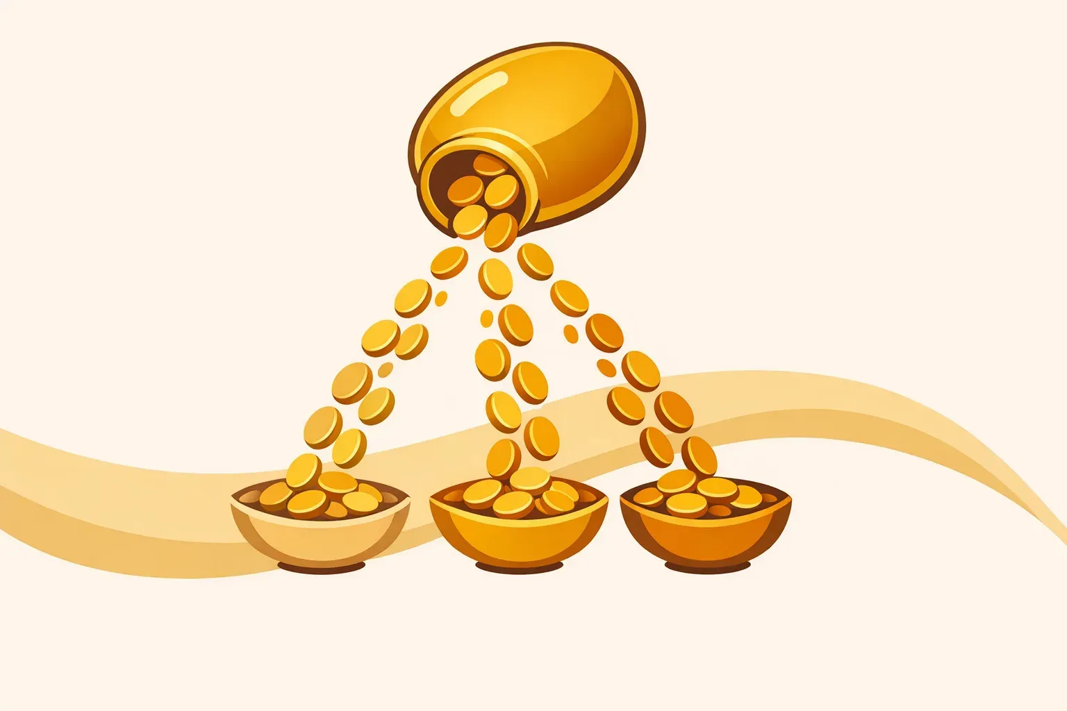 Ilustração de um recipiente dourado despejando moedas em três tigelas separadas