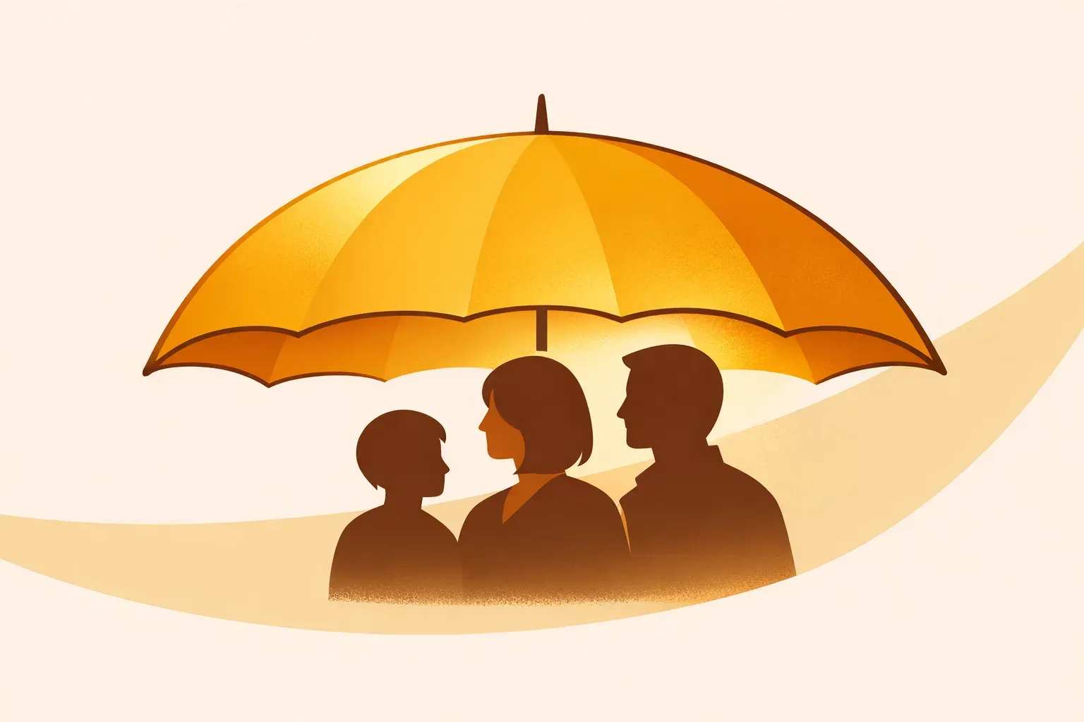 Ilustração de um guarda-chuva dourado abrigando três silhuetas de pessoas